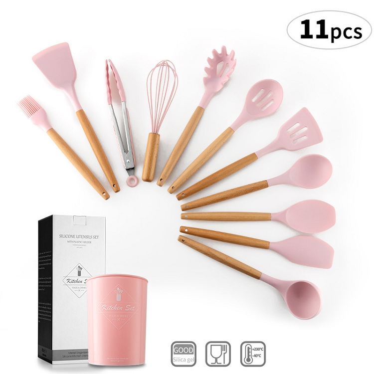 Cross-border beech handle with storage bucket Pink silicone kitchenware set 11 pieces of new color
